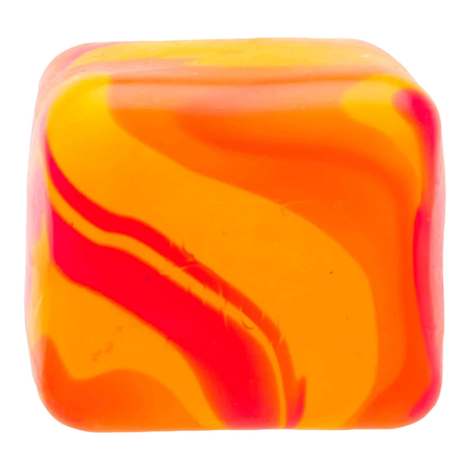 Squish Planet orange and red swirl cube fidget toy with slow-rising squish texture.